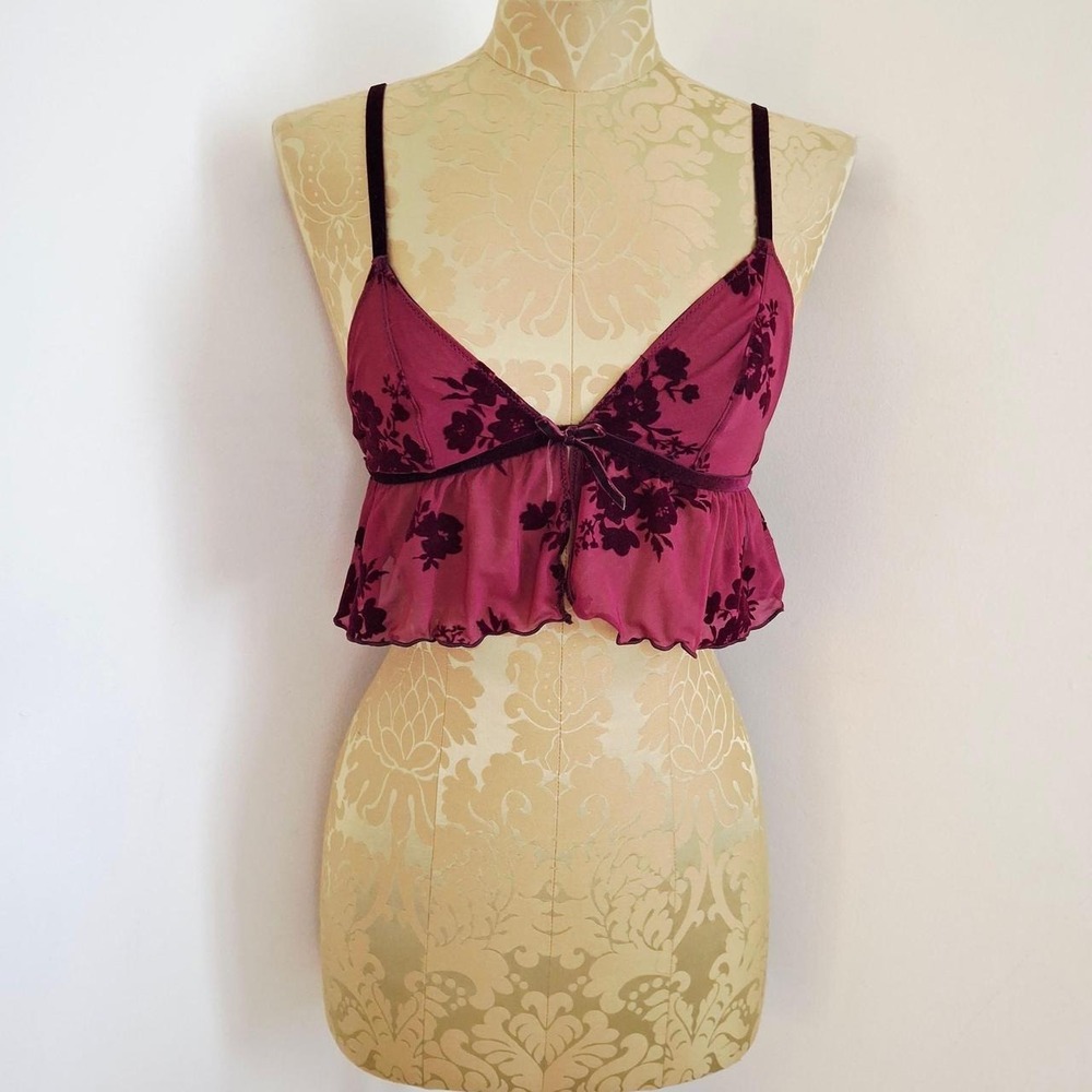 Auden burgundy floral mesh bralette crop top bow detail XS festival coquette